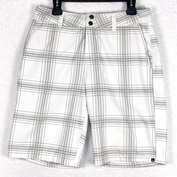 Quiksilver Mens 32 White Gray Plaid Amphibian Hybrid Stretch Board Beach Shorts - Picture 1 of 12